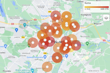 Mapa ciepła sumarycznych przejazdów rowerowych w Poznaniu w 2023 roku